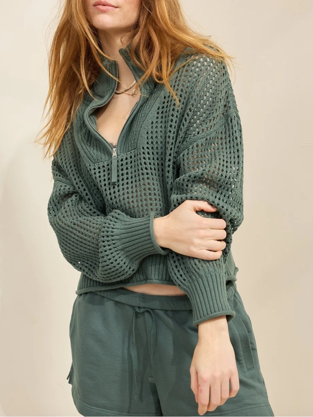 •Aerie• green crochet quarter zip sweater